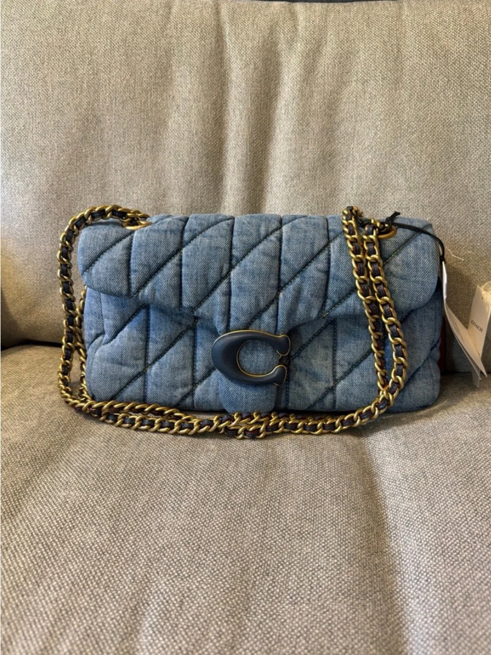 Coach Quilted Denim Shoulder Bag with Gold Chain - Light Blue 26 size